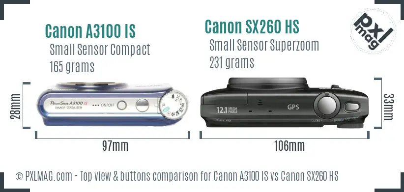 Canon A3100 IS vs Canon SX260 HS top view buttons comparison