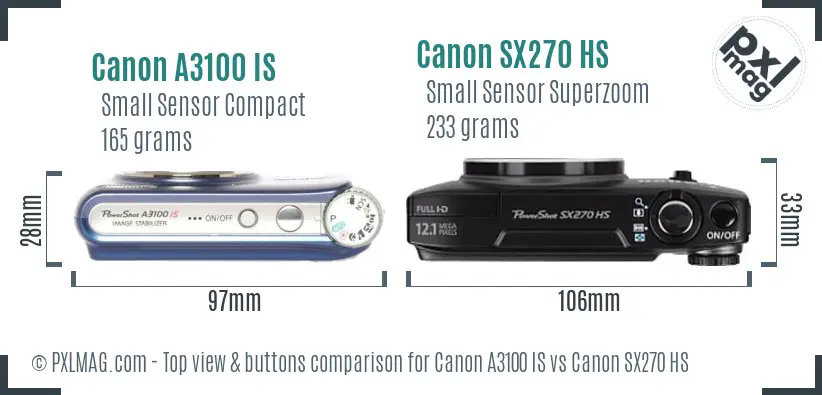 Canon A3100 IS vs Canon SX270 HS top view buttons comparison