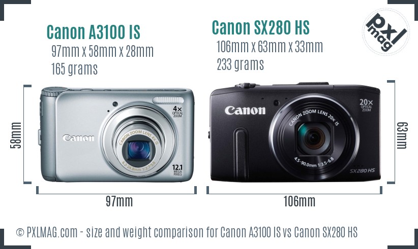 Canon A3100 IS vs Canon SX280 HS size comparison