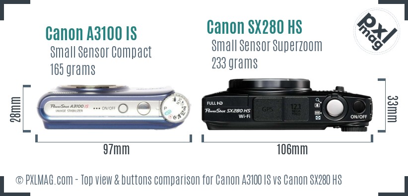 Canon A3100 IS vs Canon SX280 HS top view buttons comparison