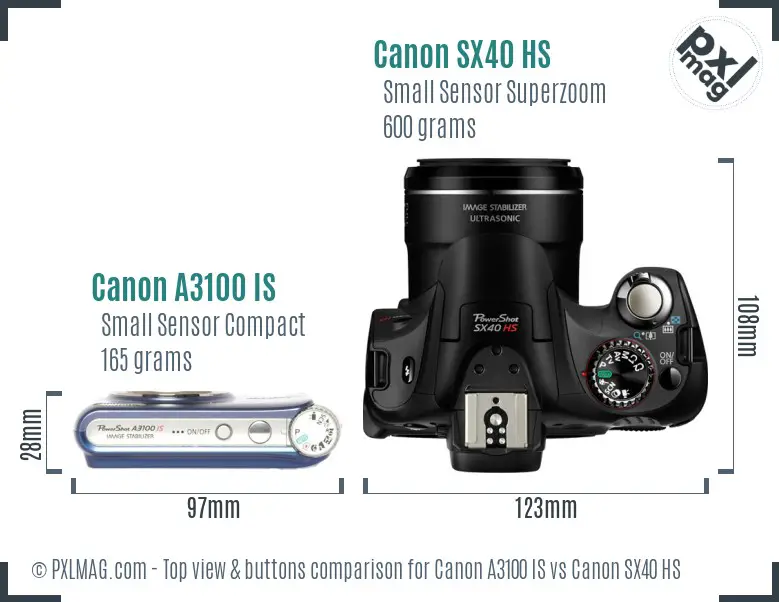 Canon A3100 IS vs Canon SX40 HS top view buttons comparison