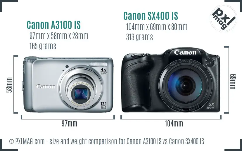 Canon A3100 IS vs Canon SX400 IS size comparison