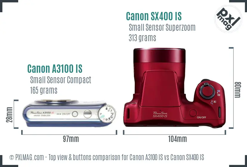 Canon A3100 IS vs Canon SX400 IS top view buttons comparison