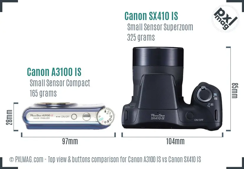 Canon A3100 IS vs Canon SX410 IS top view buttons comparison Canon A3100 IS vs Canon SX410 IS top view buttons comparison