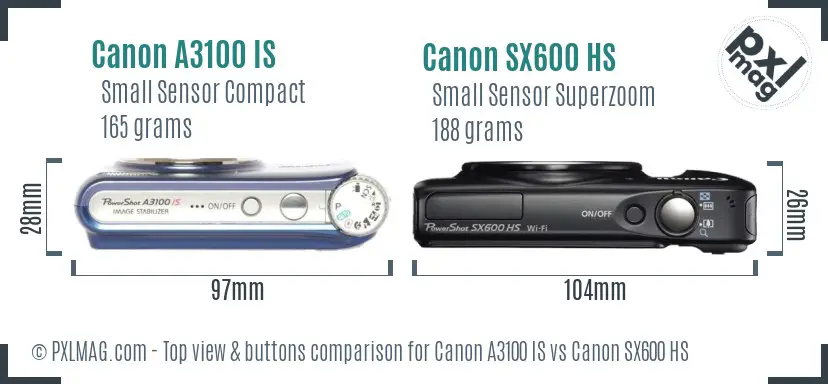 Canon A3100 IS vs Canon SX600 HS top view buttons comparison