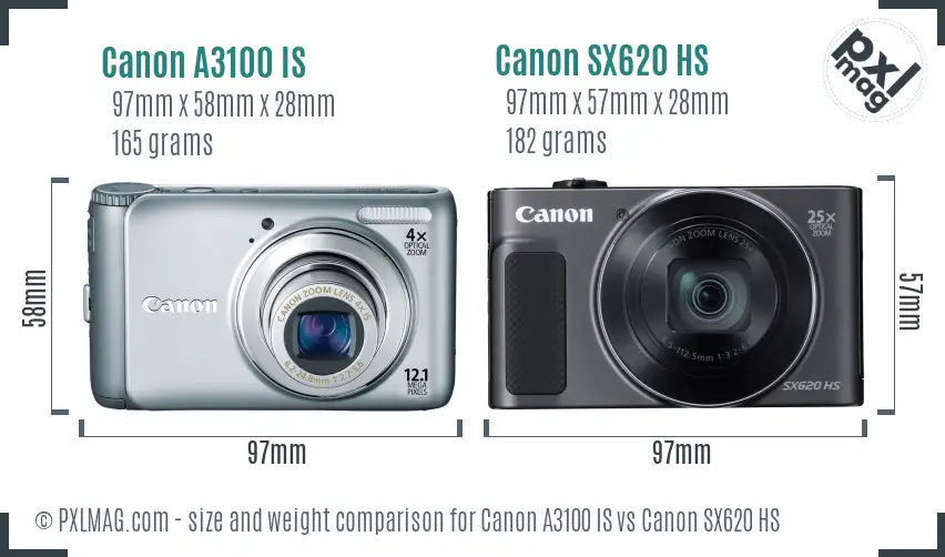 Canon A3100 IS vs Canon SX620 HS size comparison
