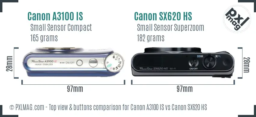 Canon A3100 IS vs Canon SX620 HS top view buttons comparison