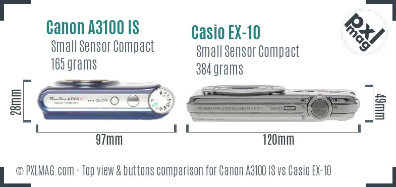 Canon A3100 IS vs Casio EX-10 top view buttons comparison