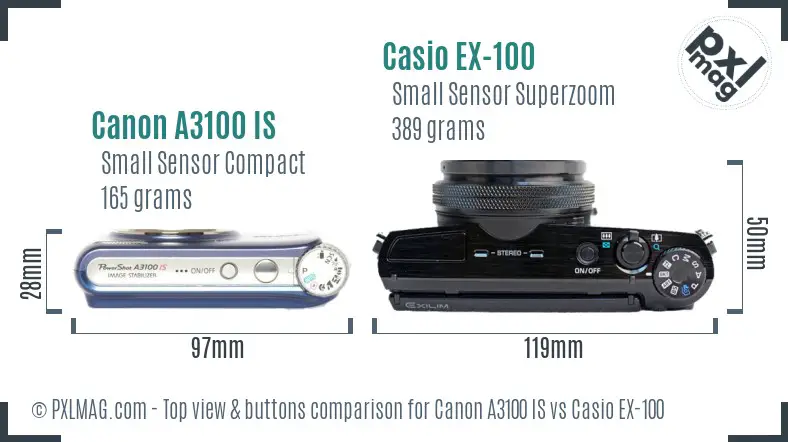 Canon A3100 IS vs Casio EX-100 top view buttons comparison Canon A3100 IS vs Casio EX-100 top view buttons comparison