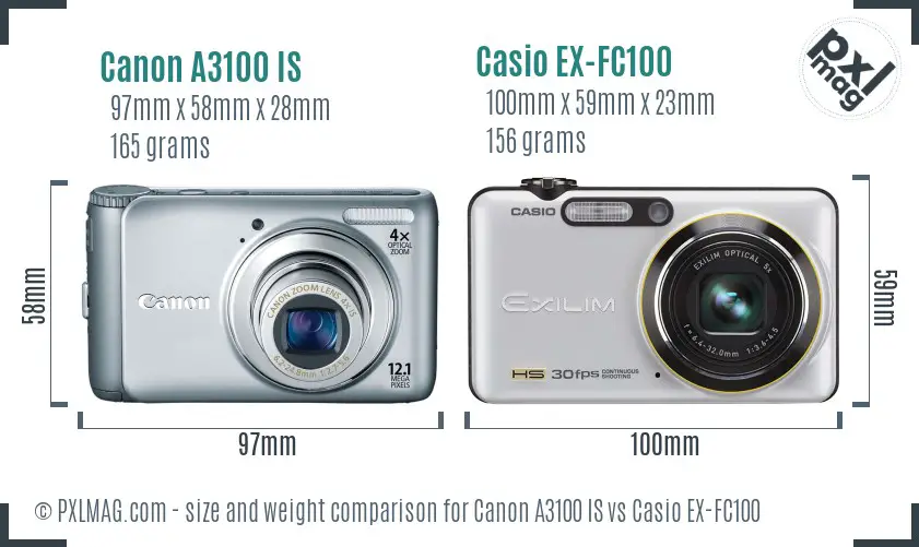 Canon A3100 IS vs Casio EX-FC100 size comparison Canon A3100 IS vs Casio EX-FC100 size comparison
