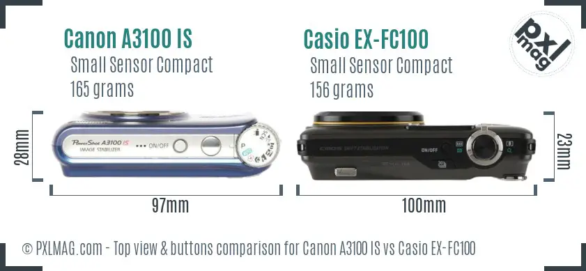 Canon A3100 IS vs Casio EX-FC100 top view buttons comparison Canon A3100 IS vs Casio EX-FC100 top view buttons comparison