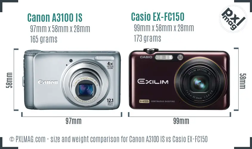 Canon A3100 IS vs Casio EX-FC150 size comparison