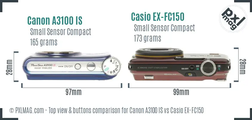Canon A3100 IS vs Casio EX-FC150 top view buttons comparison