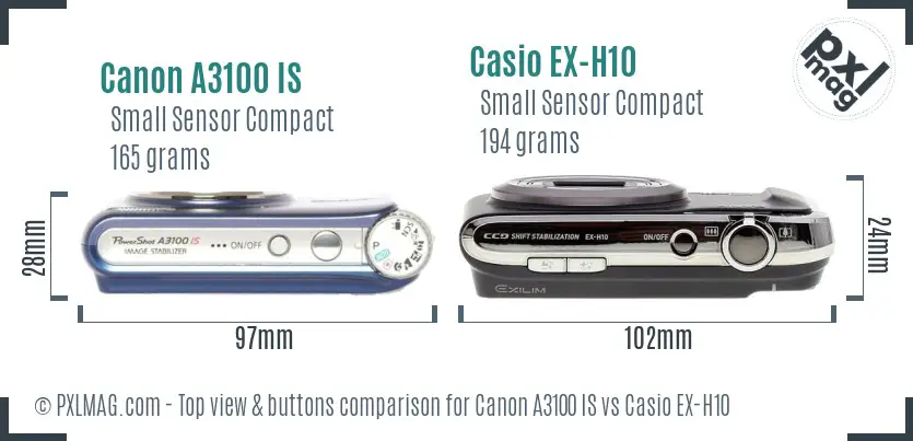 Canon A3100 IS vs Casio EX-H10 top view buttons comparison