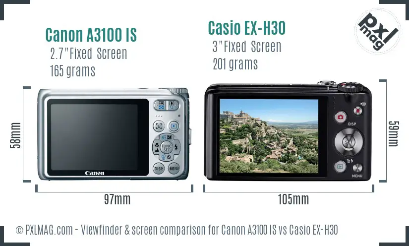 Canon A3100 IS vs Casio EX-H30 Screen and Viewfinder comparison