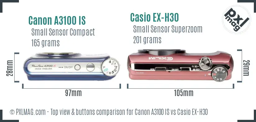 Canon A3100 IS vs Casio EX-H30 top view buttons comparison