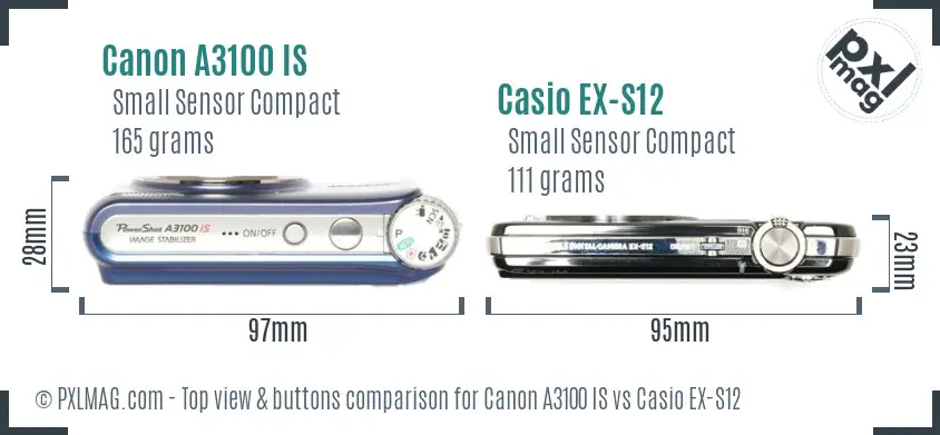 Canon A3100 IS vs Casio EX-S12 top view buttons comparison