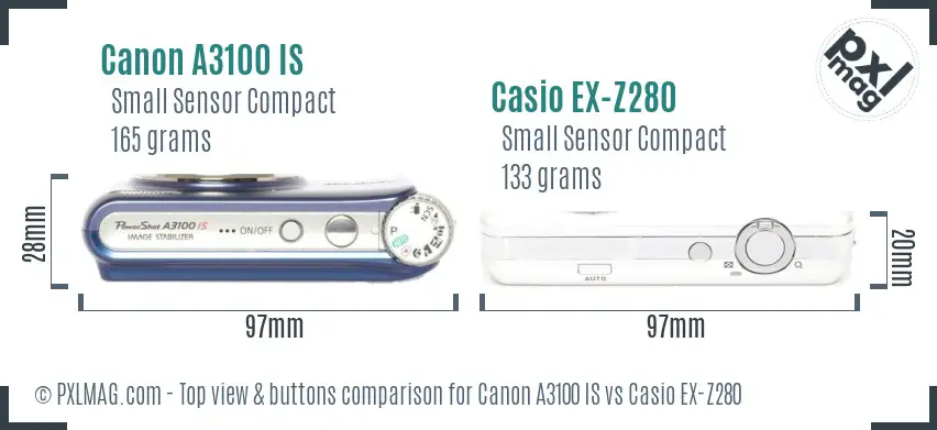 Canon A3100 IS vs Casio EX-Z280 top view buttons comparison