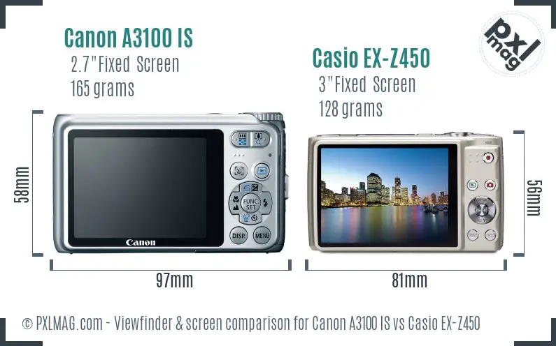 Canon A3100 IS vs Casio EX-Z450 Screen and Viewfinder comparison