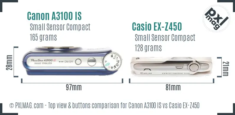 Canon A3100 IS vs Casio EX-Z450 top view buttons comparison