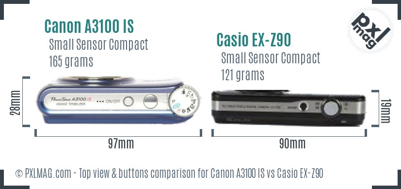 Canon A3100 IS vs Casio EX-Z90 top view buttons comparison