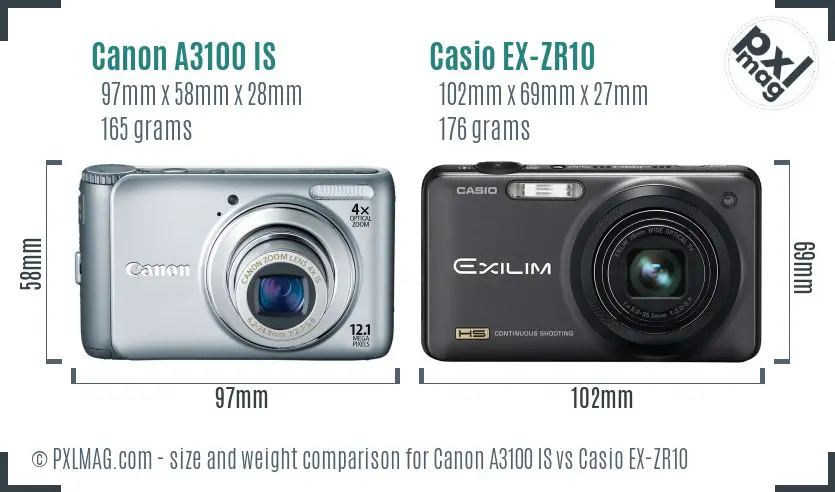 Canon A3100 IS vs Casio EX-ZR10 size comparison
