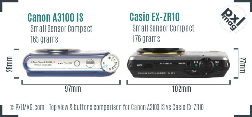 Canon A3100 IS vs Casio EX-ZR10 top view buttons comparison