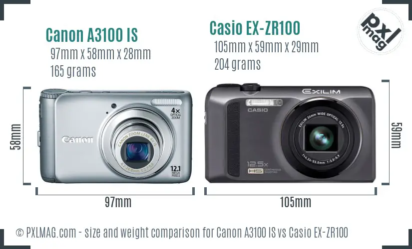 Canon A3100 IS vs Casio EX-ZR100 size comparison Canon A3100 IS vs Casio EX-ZR100 size comparison