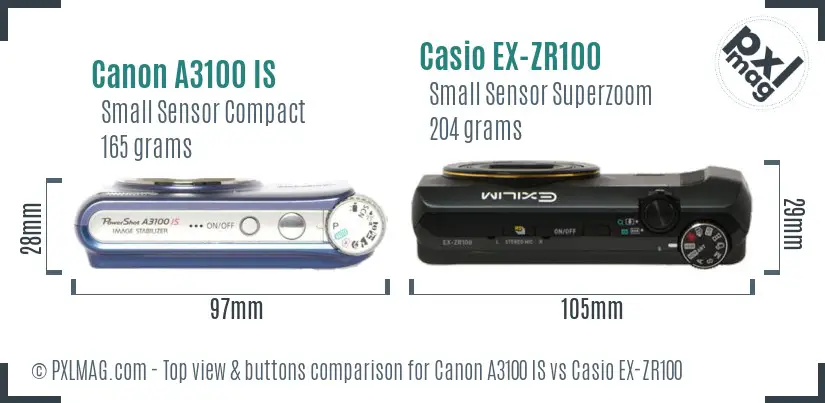 Canon A3100 IS vs Casio EX-ZR100 top view buttons comparison Canon A3100 IS vs Casio EX-ZR100 top view buttons comparison