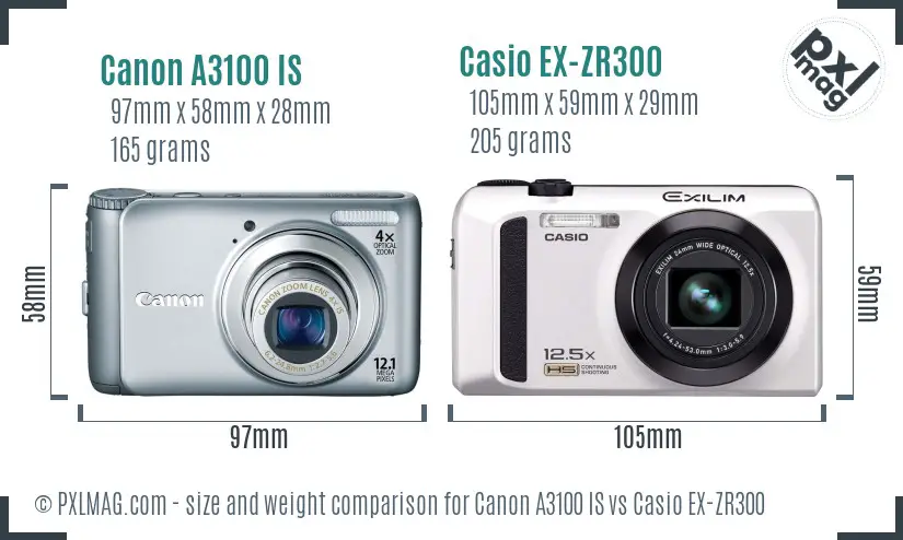 Canon A3100 IS vs Casio EX-ZR300 size comparison