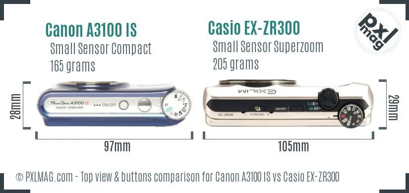 Canon A3100 IS vs Casio EX-ZR300 top view buttons comparison