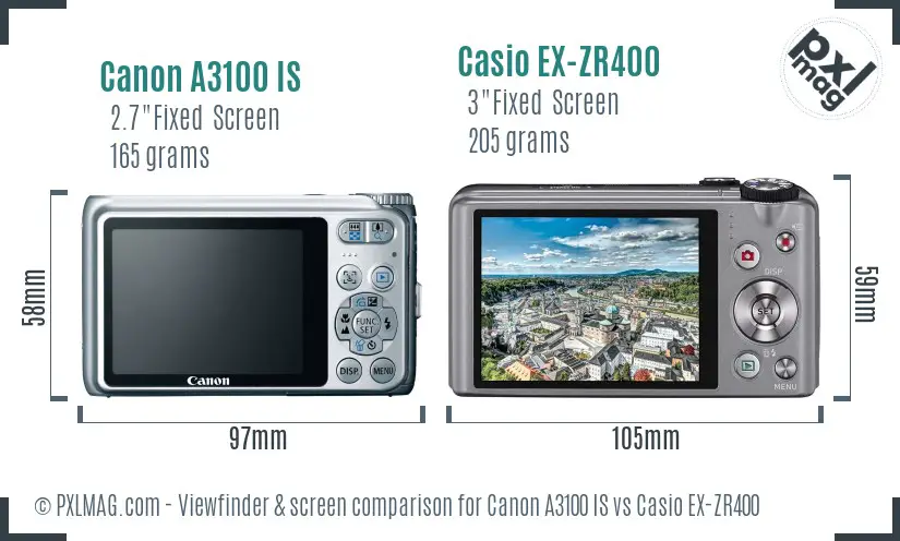 Canon A3100 IS vs Casio EX-ZR400 Screen and Viewfinder comparison