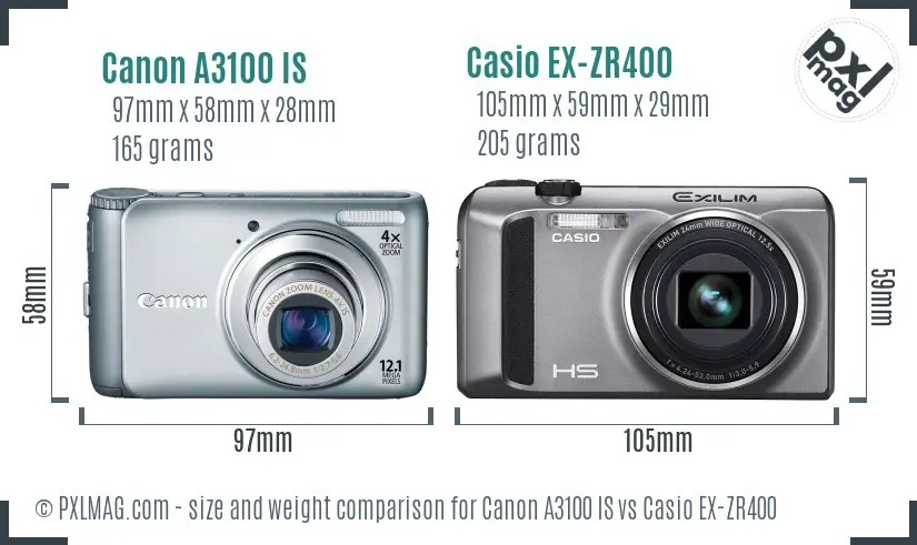 Canon A3100 IS vs Casio EX-ZR400 size comparison