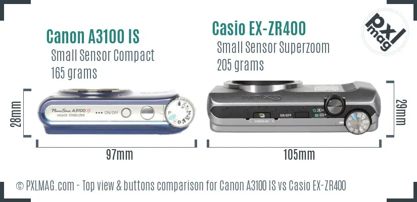 Canon A3100 IS vs Casio EX-ZR400 top view buttons comparison