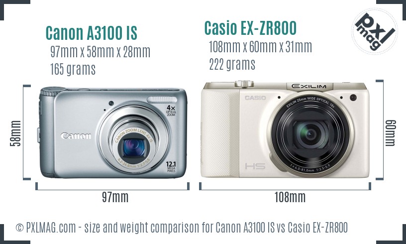 Canon A3100 IS vs Casio EX-ZR800 size comparison