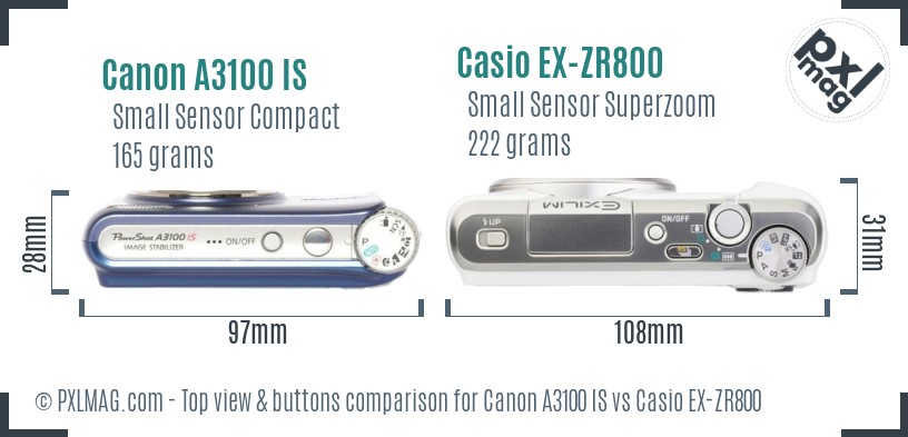 Canon A3100 IS vs Casio EX-ZR800 top view buttons comparison