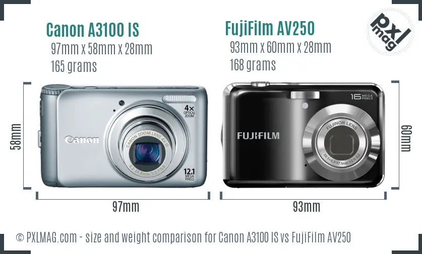 Canon A3100 IS vs FujiFilm AV250 size comparison