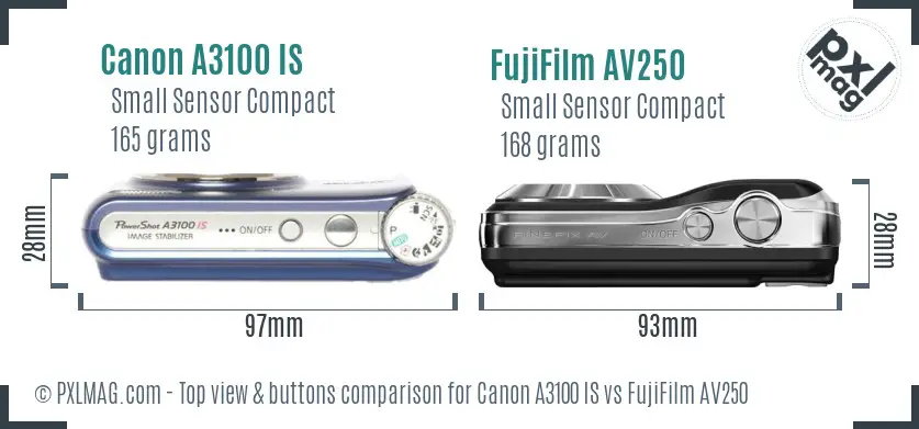 Canon A3100 IS vs FujiFilm AV250 top view buttons comparison