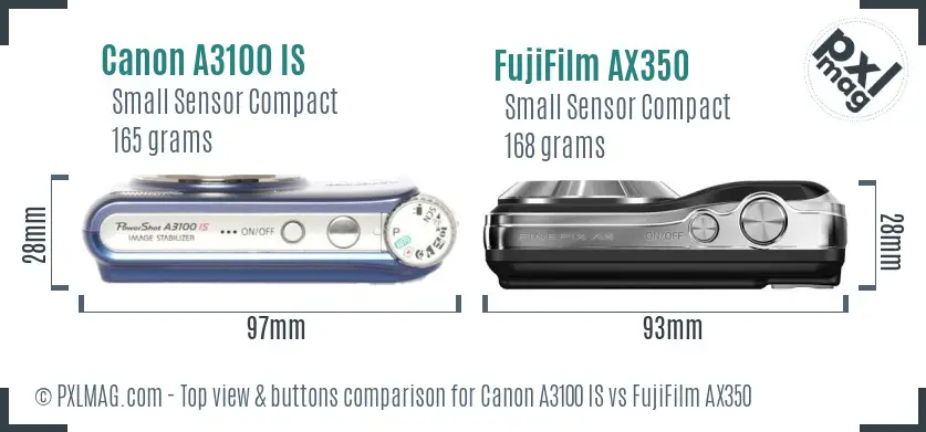 Canon A3100 IS vs FujiFilm AX350 top view buttons comparison