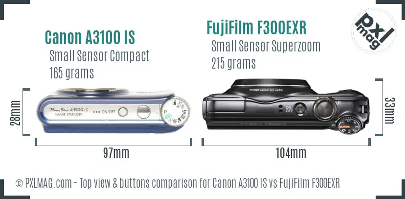 Canon A3100 IS vs FujiFilm F300EXR top view buttons comparison