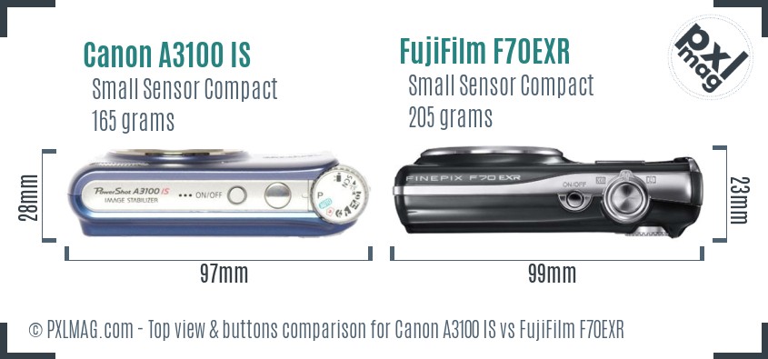 Canon A3100 IS vs FujiFilm F70EXR top view buttons comparison
