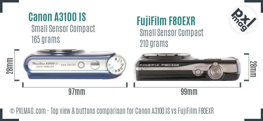 Canon A3100 IS vs FujiFilm F80EXR top view buttons comparison