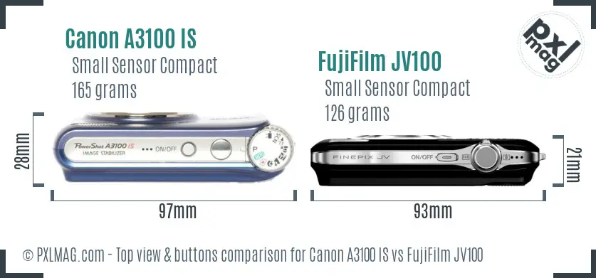 Canon A3100 IS vs FujiFilm JV100 top view buttons comparison Canon A3100 IS vs FujiFilm JV100 top view buttons comparison