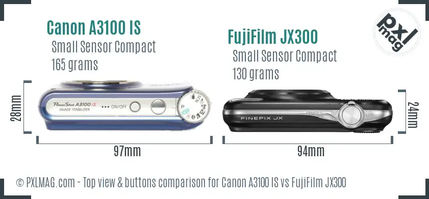 Canon A3100 IS vs FujiFilm JX300 top view buttons comparison Canon A3100 IS vs FujiFilm JX300 top view buttons comparison