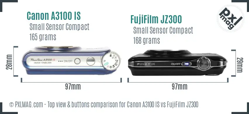 Canon A3100 IS vs FujiFilm JZ300 top view buttons comparison
