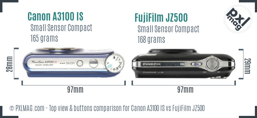 Canon A3100 IS vs FujiFilm JZ500 top view buttons comparison