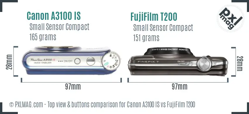 Canon A3100 IS vs FujiFilm T200 top view buttons comparison