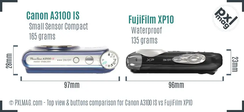 Canon A3100 IS vs FujiFilm XP10 top view buttons comparison