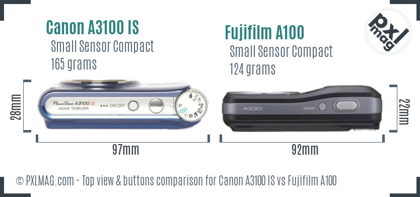 Canon A3100 IS vs Fujifilm A100 top view buttons comparison