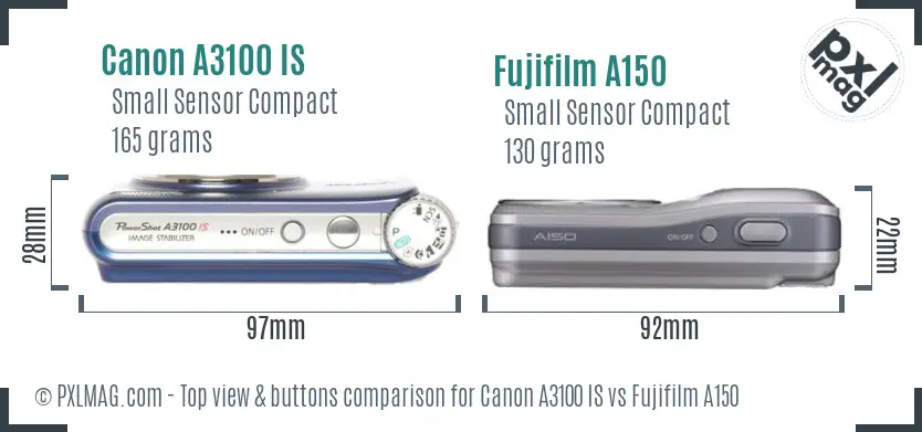Canon A3100 IS vs Fujifilm A150 top view buttons comparison